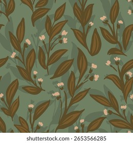 Flores bem pequenas com folhas e sombras em fundo formando um padrão botânico maximalista em cores de branco, verde seiva em verde sábio. Padrão de vetor contínuo. Ótimo para decoração de casa, tecido.