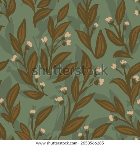 Pretty tiny flowers with leaves and shadows in background forming a maximalist botanical pattern in colors of off white, sap green on sage green. Seamless vector pattern. Great for home decor, fabric.