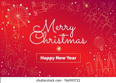 Pretty traditional Merry Christmas and happy new year red background, snow.Traveling theme with best place to celebrate in Europe.Champagne in Paris,Russia,Prague,Poland,Austria.Luxury thin line icons