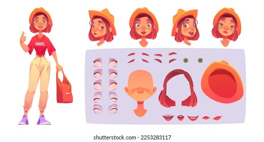 Constructor de chica viajera. Dibujo vectorial de jóvenes personajes femeninas frente y lado vista, ojos, frente, boca con diferentes emociones, pelo y sombrero aislados en fondo blanco