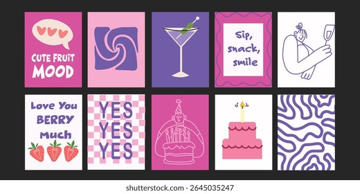 Pretty Trendy summer designs combining fun typography with delicious produce – strawberries, tomatoes, broccoli, and more – ideal for social media or poster templates.

