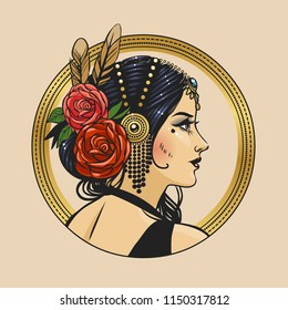 Pretty tribal dancer in beautiful headpiece. Vector hand drawn illustration