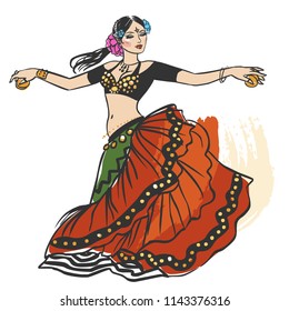 Pretty tribal dancer in motion on white background. Vector hand drawn illustration