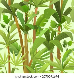 Pretty tropical background with jungle leaves. Thickets with palms in cartoon style. Seamless jungle pattern. Landscape with rainforest vector.