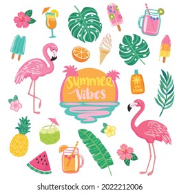 Pretty tropical flamingo summer vector art set.