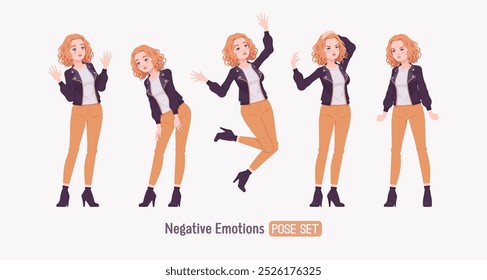 Pretty unhappy curly young trendy woman urban autumn jacket set, chic fall season look for casual outing, ambitious female feeling frustrated, expressing distress and annoyance. Vector illustration