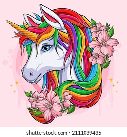 Pretty unicorn head fantasy character with pink flowers and colored hairstyle 