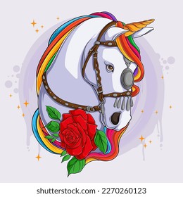 Pretty unicorn horse head fantasy character with red flowers and colored hairstyle 