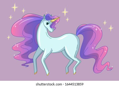 Pretty unicorn with waving mane and tail, shining like a brilliant. Vector illustration in cute cartoon style