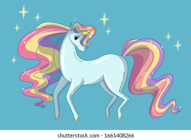 Pretty unicorn with waving mane and tail colored like a rainbow. Vector illustration in cute cartoon style