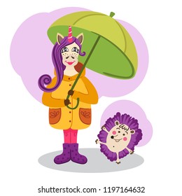 Pretty unicorn in a yellow raincoat and hedgehog walks under an umbrella.  Children vector picture. Friends have fun together. For your projects, t-shirts, invitations, postcards, posters.