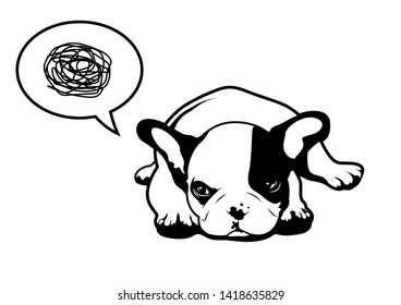 A pretty upset Frenchie.  A little french bulldog is in an angry mood, lying down with a moody thinking balloon.