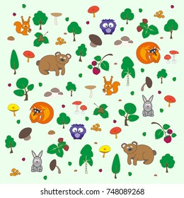 Pretty vector cartoon forest themed classic objects set with animals, ready for pattern creation