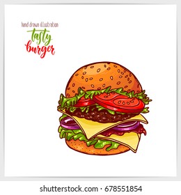 Pretty vector illustration of hand drawn colorful big tasty burger.