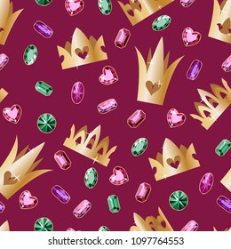 Pretty vector seamless pattern with golden crowns and shining pink and green gems