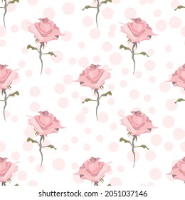 Pretty vector seamless repeat rose pattern in pink and white on a polka dotted background