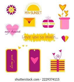 pretty vector set for valentines day 14 february for design with heart elements and flower and mobile phone colotful