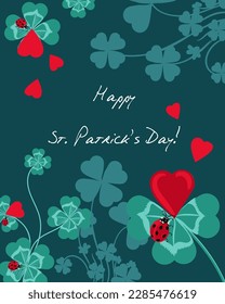 Pretty vector St. Patrick day card with clover and lady bugs