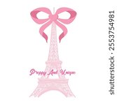 Pretty vibes pink Eiffel Tower and bow ribbon Vector illustration design for fashion, tee, t shirt, print, poster, graphic, background.Coquette bows, Bow tie t shirt design for girl, ladies and women