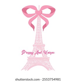 Pretty vibes pink Eiffel Tower and bow ribbon Vector illustration design for fashion, tee, t shirt, print, poster, graphic, background.Coquette bows, Bow tie t shirt design for girl, ladies and women