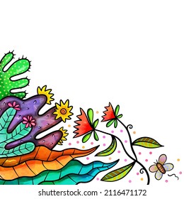 A pretty, vibrant and colorful page border decoration with a hedge of tropical leaves and plants.
