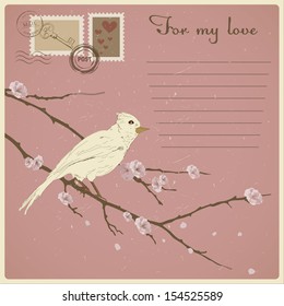 Pretty vintage card for valentines day with bird illustration. Eps 10