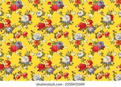 Pretty vintage feedsack border in small flowers, berries. Millefleurs. 