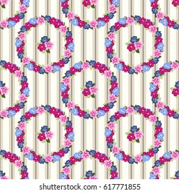 Pretty vintage feedsack pattern in small flowers. Millefleurs. Floral sweet striped seamless background for textile, fabric, covers, wallpapers, print, gift wrap, scrapbooking, quilting, decoupage.