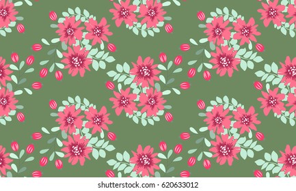 Pretty vintage feedsack pattern in small pink flowers, berries. Millefleurs. Floral sweet seamless background for textile, fabric, covers, wallpapers, print, wrap, scrapbooking, quilting, decoupage.