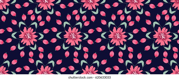 Pretty vintage feedsack pattern in small pink, flowers, berries. Millefleurs. Floral sweet seamless background for textile, fabric, covers, wallpapers, print, wrap, scrapbooking, quilting, decoupage.