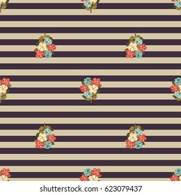 Pretty vintage feedsack pattern in small flowers. Millefleurs. Floral sweet striped seamless background for textile, fabric, covers, wallpapers, print, gift wrap, scrapbooking, quilting, decoupage.