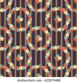 Pretty vintage feedsack pattern in small flowers. Millefleurs. Floral sweet striped seamless background for textile, fabric, covers, wallpapers, print, gift wrap, scrapbooking, quilting, decoupage.