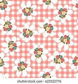 Pretty vintage feedsack pattern in small flowers. Millefleurs. Floral sweet gingam seamless background for textile, fabric, covers, wallpapers, print, gift wrap, scrapbooking, quilting, decoupage.
