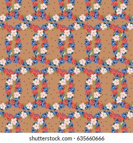 Pretty vintage feedsack pattern in small flowers wreaths. Millefleurs. Floral sweet seamless background for textile, fabric, covers, wallpapers, print, gift wrap, scrapbooking, quilting, decoupage.