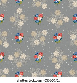 Pretty vintage feedsack pattern in small flowers. Millefleurs. Floral sweet seamless grey background for textile, fabric, covers, wallpapers, print, gift wrap, scrapbooking, quilting, decoupage.