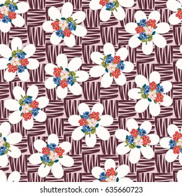 Pretty vintage feedsack pattern in small flowers. Millefleurs. Floral sweet seamless basket weave background for textile, fabric, covers, wallpapers, print, scrapbooking, quilting, decoupage.