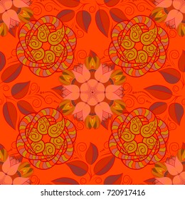 Pretty vintage feedsack pattern in small orange, red and yellow, flowers. Millefleurs. Floral sweet seamless background for textile, fabric, covers, wallpapers, print, wrap, quilting, decoupage.