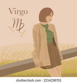 Pretty Virgo Zodiac Girl Wears Beige Cardigan Sweater And Brown Short Skirt. Virgo Zodiac Sign And Symbol And Wild Wheat Grass Background.