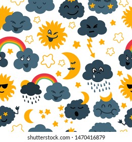 Pretty weather forecast seamless pattern in cartoon style (clouds, sun, moon, rain, light, stars, rainbow). Hand drawn nice illustration on weather forecast theme. Funny weather emotions, feelings.