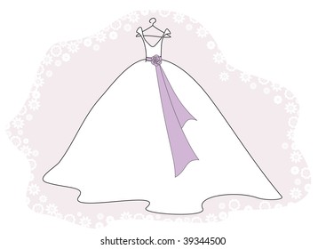 A pretty wedding dress on a hanger with a decorative flowers border