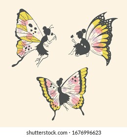 Pretty Whimsical Fairies Vector Isolated Decorative Element Set