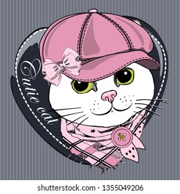 Pretty white cat  with bow, pink hat and pink scarf. Hand drawn illustration of dressed kitten.  Vector illustration.