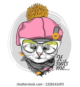 Pretty white cat with glasses, pink hat and gray scarf. Hand drawn illustration of dressed cat. Vector illustration.