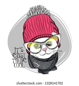 Pretty white cat with glasses, pink knitted hat and gray knitted  scarf. Hand drawn illustration of dressed cat. Vector illustration.