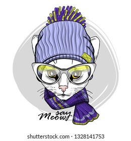 Pretty white cat with white glasses, violet knitted hat and knitted  scarf. Hand drawn illustration of dressed cat. Vector illustration.