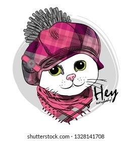 Pretty white cat with pink checkered cap and pink scarf. Hand drawn illustration of dressed cat. Vector illustration.