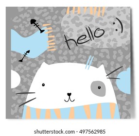 Pretty white cat in scarf. Simple vector drawing.