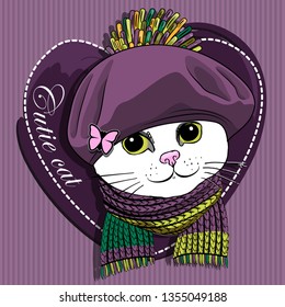 Pretty white cat with violet hat and knitted scarf. Hand drawn illustration of dressed kitten.  Vector illustration.