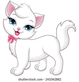Un bonito gato blanco caminando y sonriendo.