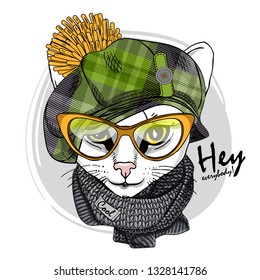 Pretty white cat with yellow glasses green checkered cap and gray knitted scarf. Hand drawn illustration of dressed cat. Vector illustration.